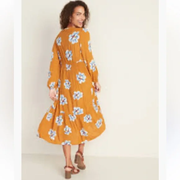 Old Navy Empire-Waist Split-Neck Floral Midi Dress Mustard Floral Tiered Size XL - Picture 2 of 15
